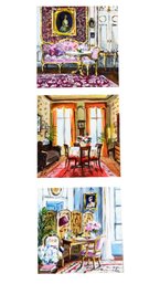 Collection Of Three Oil Paintings Depicting Colorful, Interior Scenes. Acrylic On Board. Signed Intial IK