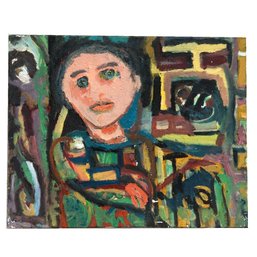 Expressionist-style Oil Painting On Canvas. Central Portrait Of A Figure. Outsider Art. Face. Color. Abstract.
