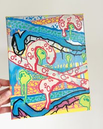 Original, Small Abstract Painting On Stretched Canvas Featuring Vibrant Colors, Bold Black Outlines. Signed.
