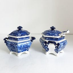 Two Antique Blue And White Transferware Covered Small Tureen Bowls.