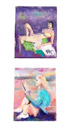 Two Small, Expressive Acrylic Paintings On Canvas & Board Of Woman Figures. Colorful Art. Signed JB Initals.