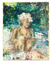 A Colorful Portrait Painting, Expressionist. Against A Lush, Textured Background Of Greens And Blues. Signed.