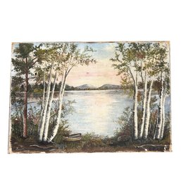 Vintage Oil Painting On Canvas. Lake Framed By Birch Trees With Mountains In The Background. Signed.
