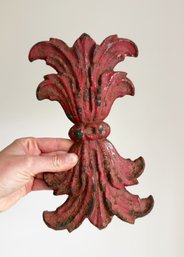 Antique Cast Iron Drapery Rod Clip Or Architectural Accent Piece. Fragment. Red Paint.