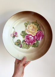 Antique Bavaria Charger Plate Made By Zeh, Scherzer & Co. Brown Background With Colorful Roses. Floral.