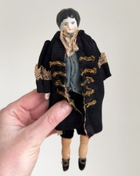 Antique SMALL China Head Doll. Male Doll In Coat With Fancy Clothing & Shoes.