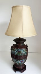 Vintage Asian Bronze Champleve Vase Table Top Lamp And Shade.
