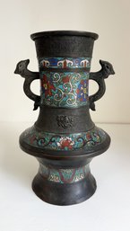 Antique Bronze Vase With Champleve Enamel. Blue Decorated With Floral Design. Animal Motif Handles.