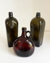 3 Glass Bottles: 2 Case Gin (dark Green) & 1 Blown Flask (brown Color). Glass Decor, Bottle Collecting