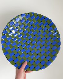 Vintage Fused Art Glass Decorative Shallow Bowl. Blue And Green Basket Weave Pattern. Catch All Dish.