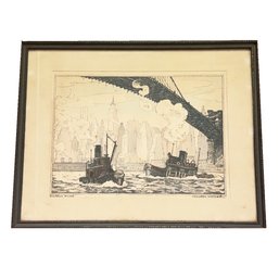 Coulton Waugh Hand Colored Lithograph. 'brooklyn Bridge'. Signed Lower Right, Titled Lower Left. Framed.