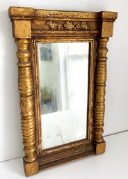 American Empire Gilt Wood Wall Mirror. Gold Mirror. Ribbed Columns, Floral Design. Old Glass. 23.50' High