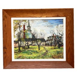 Vintage Framed Painting Of A New England Village With Apple Trees. Signed With Monogram & Dated. Oil On Board.