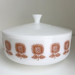 Vintage Federal Glass Milk Glass Lidded Casserole Dish. 'Sunflower' Pattern, Brown Floral Decoration.