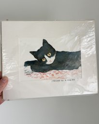 Matted Watercolor Painting Of A Black And White Cat, Titled 'Stretched Out' By Herb Rauh