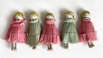 Five (5) Vintage Bisque Porcelain Dolls With Handmade Crepe Paper (or Husk) Dresses In Pink And Green Colors