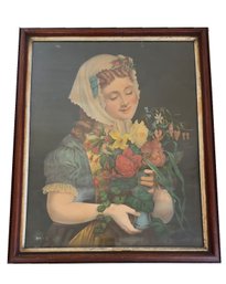 Antique Victorian Chromolithograph Of A Young Girl With Flowers. Walnut Frame With Gold Colored Fillet.