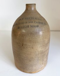 S.F. Petts & Co. Stoneware Jug. Boston, Massachusetts. Friend & Canal Streets.