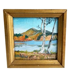 Small Antique Painted Landscape Scene In Frame. Mountain Scene, Birch Tree.