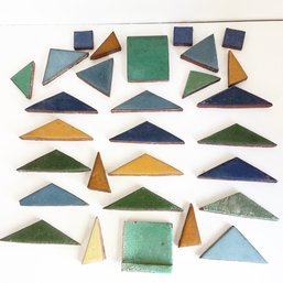 Collection Of Colorful Grueby Pottery Tiles. Multicolored Geometric. Triangle & Square Shapes. Arts And Crafts