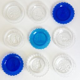 Collection Of Blue And Clear Pressed Glass Cup Plates. Animal Motifs. Home Decor. Art Glass.
