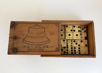 Antique Bone Domino Set Housed In A Wooden Sliding-lid Advertising Box For Bell Brand Codfish. Boston