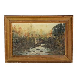 Antique Oil Painting Featuring An Autumn Woodland Landscape With A Stream. Gilt Colored Frame.