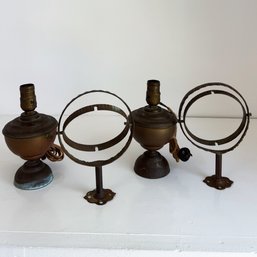 Pair Of Vintage Brass Gimbal Oil Lamps And Matching Wall Brackets. (used On Ships!) Electrified.