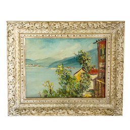 Framed Vintage Oil Painting On Canvas By Anton Sierber. Landscape/seascape With Buildings And Water.