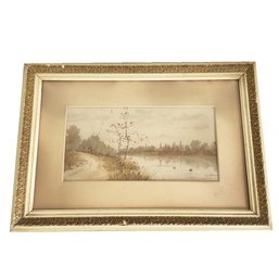 Framed Vintage Watercolor Landscape Scene With Water. Signed Louis K. Harlow Lower Right Corner.