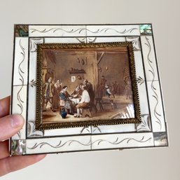 Small Antique Or Vintage Miniature Painting Of A Rustic Tavern Interior With Mother-of-pearl Inlay Frame
