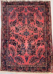 Antique Oriental Rug With Dark Pink & Navy Blue As Primary Colors. 60' X 42'. Floral Design With Leaves