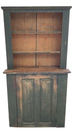 Antique Painted Wood Step Back Cupboard In Green Paint. 42.50' Wide X 15' Deep X 80.50' Tall.