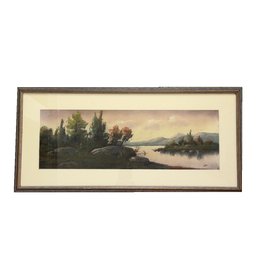 Framed Panoramic Landscape Artwork. Signed 'e.' Mountains And Water Scene.