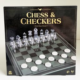 Chess And Checkers Glass Board Set New In Box.