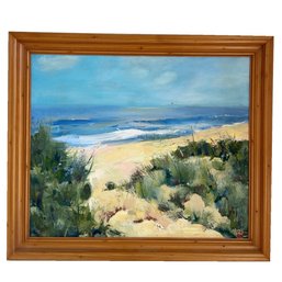 Framed Vintage Coastal Landscape Painting. Oil On Board. Beach Scene. Vegetation. Wall Art.