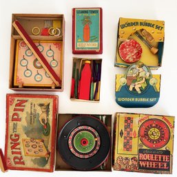 Collection Of Vintage Toys: Ring The Pin, Leaning Tower Of Pisa, Wonder Bubble Set & Roulette Wheel