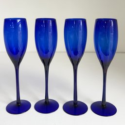 Set Of Four (4) Cobalt Blue Champagne Flutes. Glassware. Stemware. Fancy Drinking.