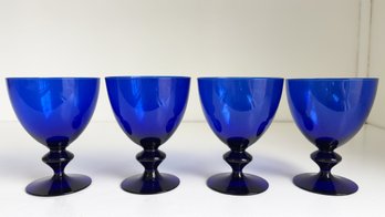 Set Of Four (4) Cobalt Blue Glass Goblets. Drink Ware, Glasses, Stemware.