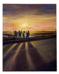 Acrylic Painting On Canvas. Group Of People Enjoying Sunset/sunrise At The Beach.