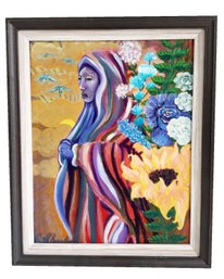 Original Oil Painting On Canvas Featuring A Female Figure. Framed. Signed. Colorful Abstract Art. Floral.