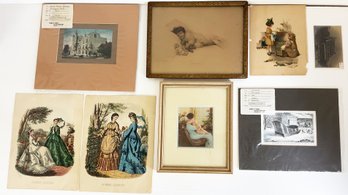 Vintage/antique Paper Lot. Framed Art, Victorian Prints, Post Card, Arhitectural Prints Matted. Art. Ephemera.