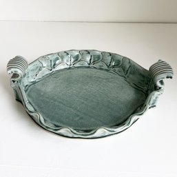 Pottery Pie Dish Decorated With Ginko Leaves Motif. Green Glaze.