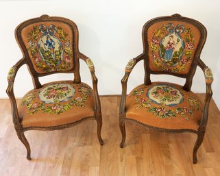 BEAUTIFUL, Pair Of Louis XV Style Chairs With Carved Walnut Frame & Needlepoint Upholstery Depicting Figures