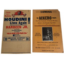 Two (2) Vintage Promotional Poster For Magic Shows. Houdini.