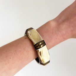 Vintage Chunky Metal (brass?) And Bone/antler (?) Inlay. Arm Candy. Comfortable Jewelry.