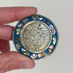 Vintage Mexican Alpaca Brooch. Aztec Calendar Medallion. Enamel And Shell Inlay.
