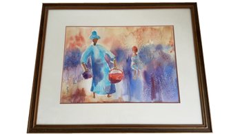 Abstract Watercolor Painting Of Figures In A Blue Dress Holding A Basket By Elizabeth McNaughton Acton
