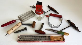 Collection Of Vintage Retro Kitchen Tools. Grinder, Corkscrews, Candy Thermometer And More Utensils.