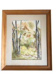 Framed Watercolor Painting Of Wooded Trees Landscape. Woods Scene. Nature. Neutral Tones. Unsigned.